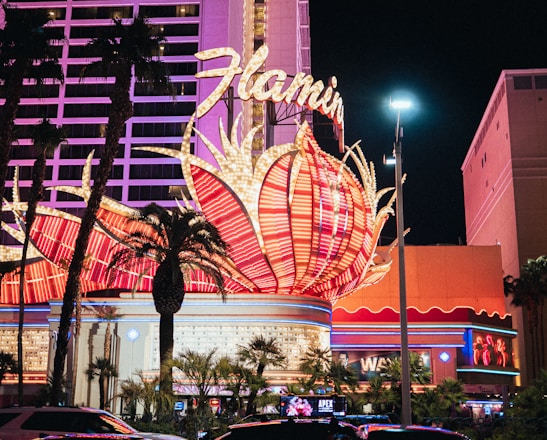 A brightly lit casino with neon lights in vibrant red, pink, and blue, featuring a large flamingo signage. Palm trees are visible in the foreground with vehicles passing by on the street at night.
